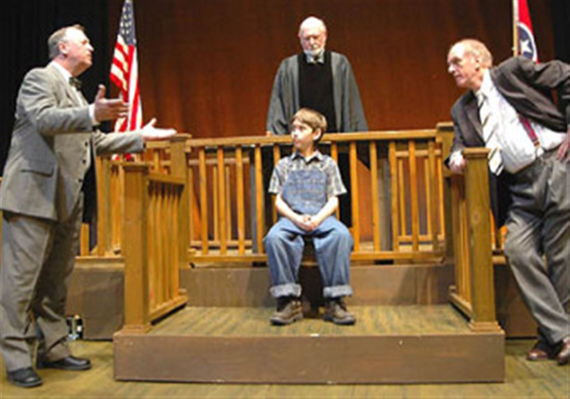 Jerry Summers, left, is Matthew Harrison Brady, Jonny Summers is Howard and David Crawford is Henry Drummond, with Jay Keenan, back, as the Judge in Prime Stage Theatre's "Inherit the Wind."