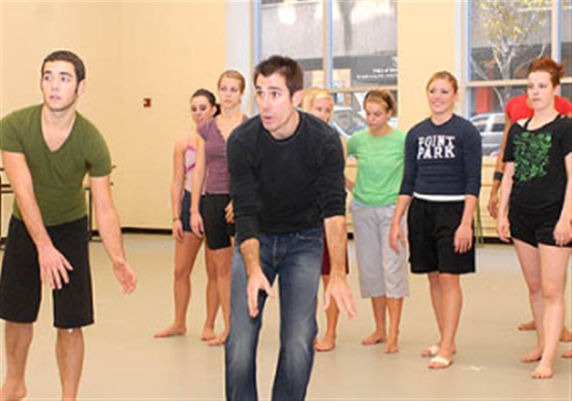 Jason McDole rehearsing with the cast of "Conscious" at Point Park University.