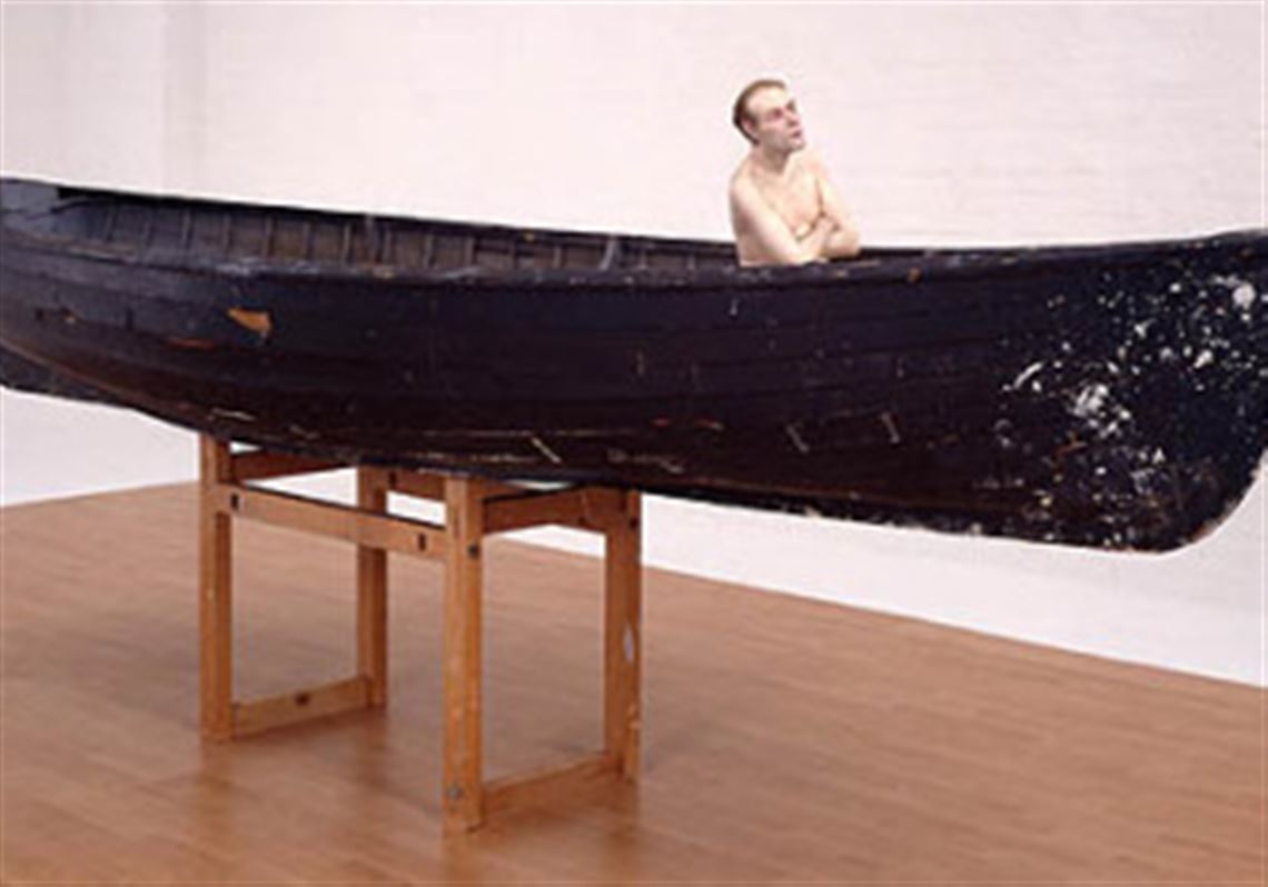 "Man in a Boat," 2002, Mixed Media, 168" x 54.75" x 48" is among 7 sculptures by Ron Mueck at The Warhol.