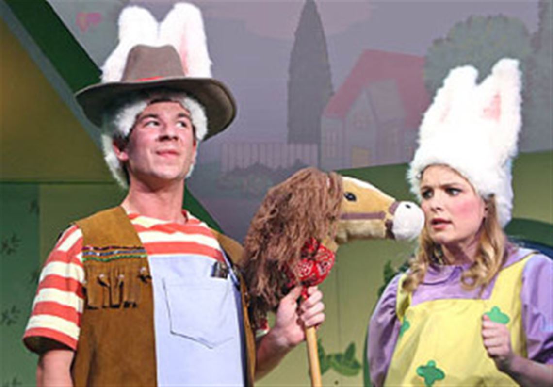 Lee Markham, left, and Kelly Felthous portray the title characters in "Max & Ruby" at Lucille Lortel Theatre in New York City. The TheatreworksUSA show, with different actors, is touring the Pittsburgh International Children's Theatre venues in the Pittsburgh area.