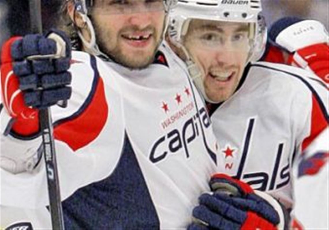 The Washington Capitals' Alex Ovechkin, left, celebrates with teammate Tomas Fleischmann, after scoring a goal against the New York Rangers last month.