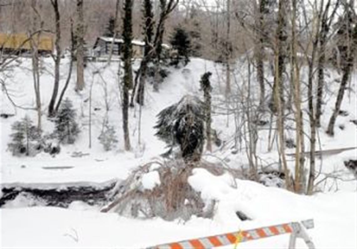Balint Lane, off Brown Avenue in Wilkins, is blocked because of a bridge that was washed out. On the other side of the stream, a private road comes in from the left and connects with Balint Lane, which leads to four homes.