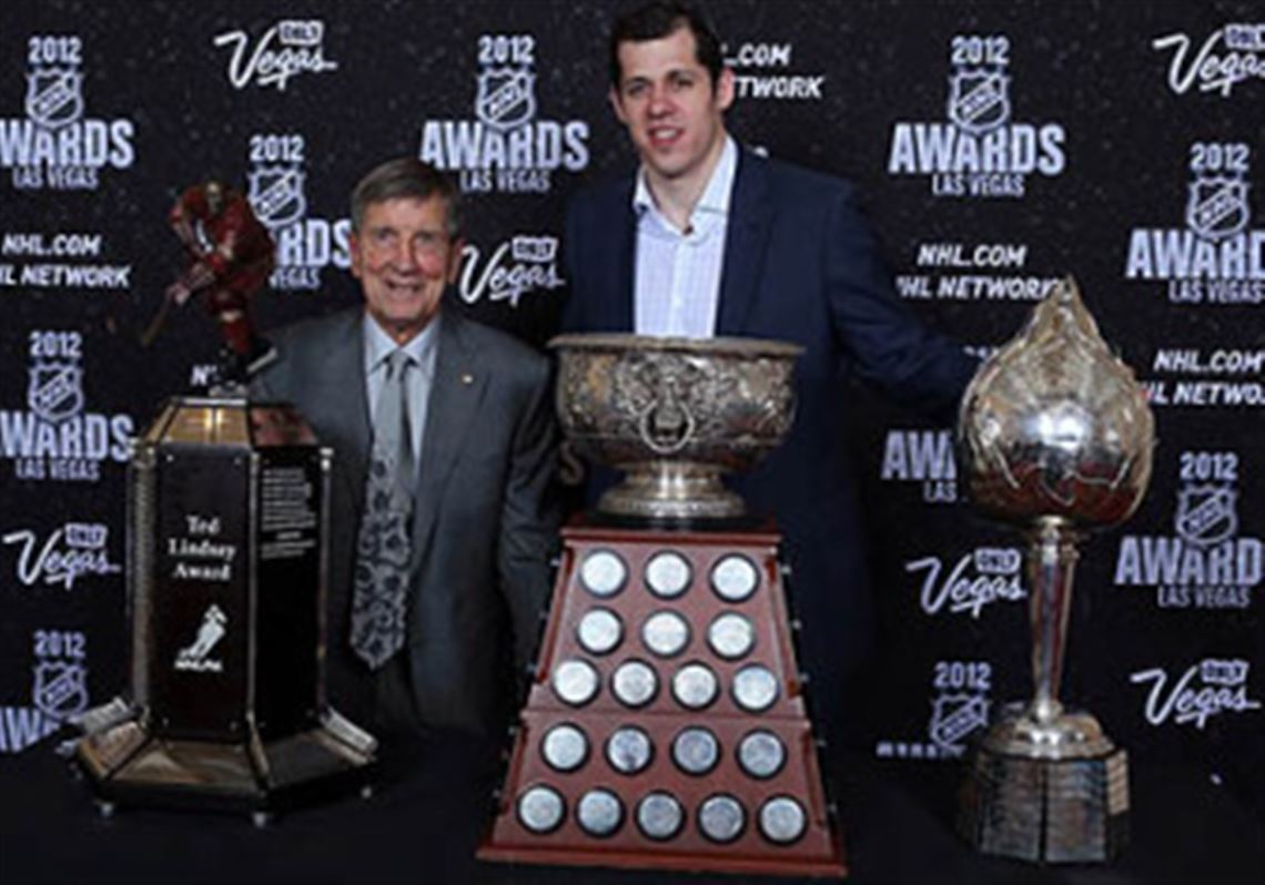 Evgeni Malkin of the Penguins poses with Ted Lindsay after winning the Ted Lindsay Award, the Art Ross Trophy and the Hart Trophy during the 2012 NHL Awards at the Encore Theater at the Wynn Las Vegas.