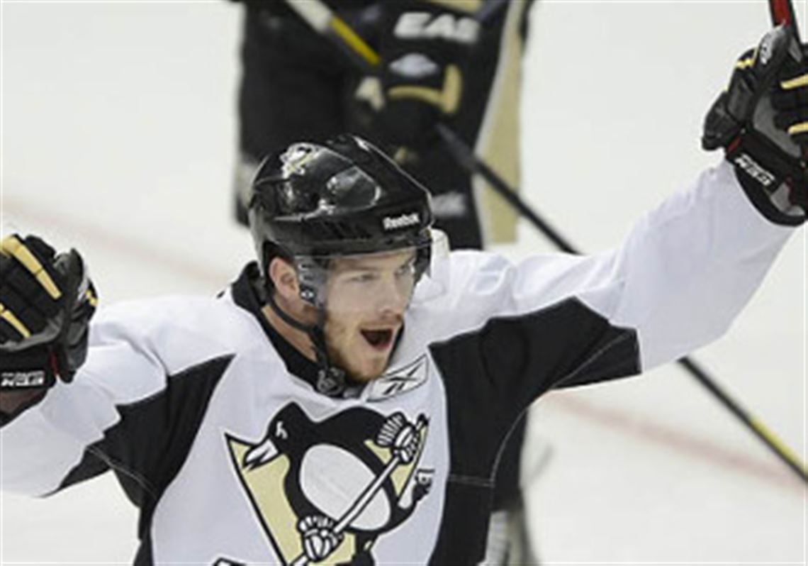 Zach Sill celebrates a goal in drills Wednesday at prospect camp at Consol Energy Center.