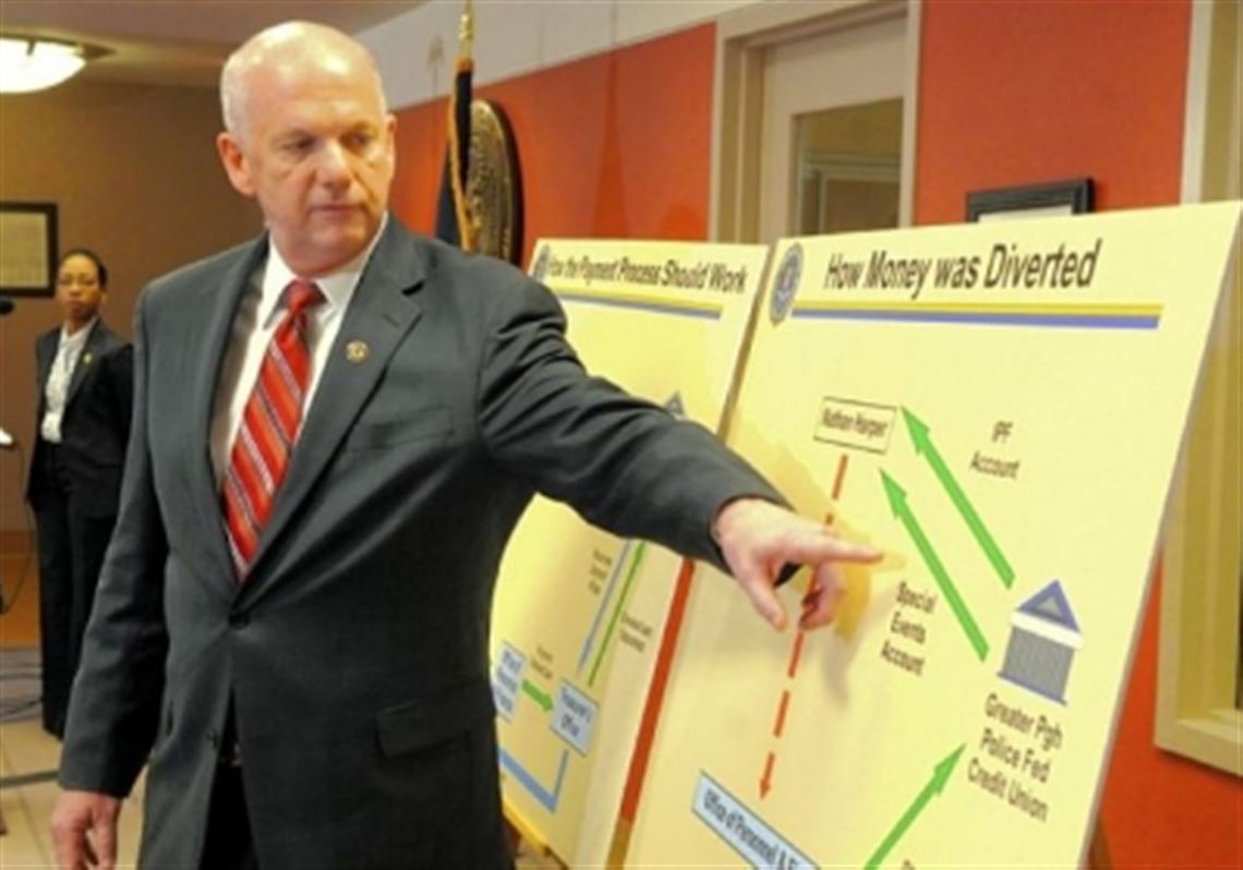 "How the money was diverted." U.S. Attorney David J. Hickton points to a diagram at his news conference Friday.