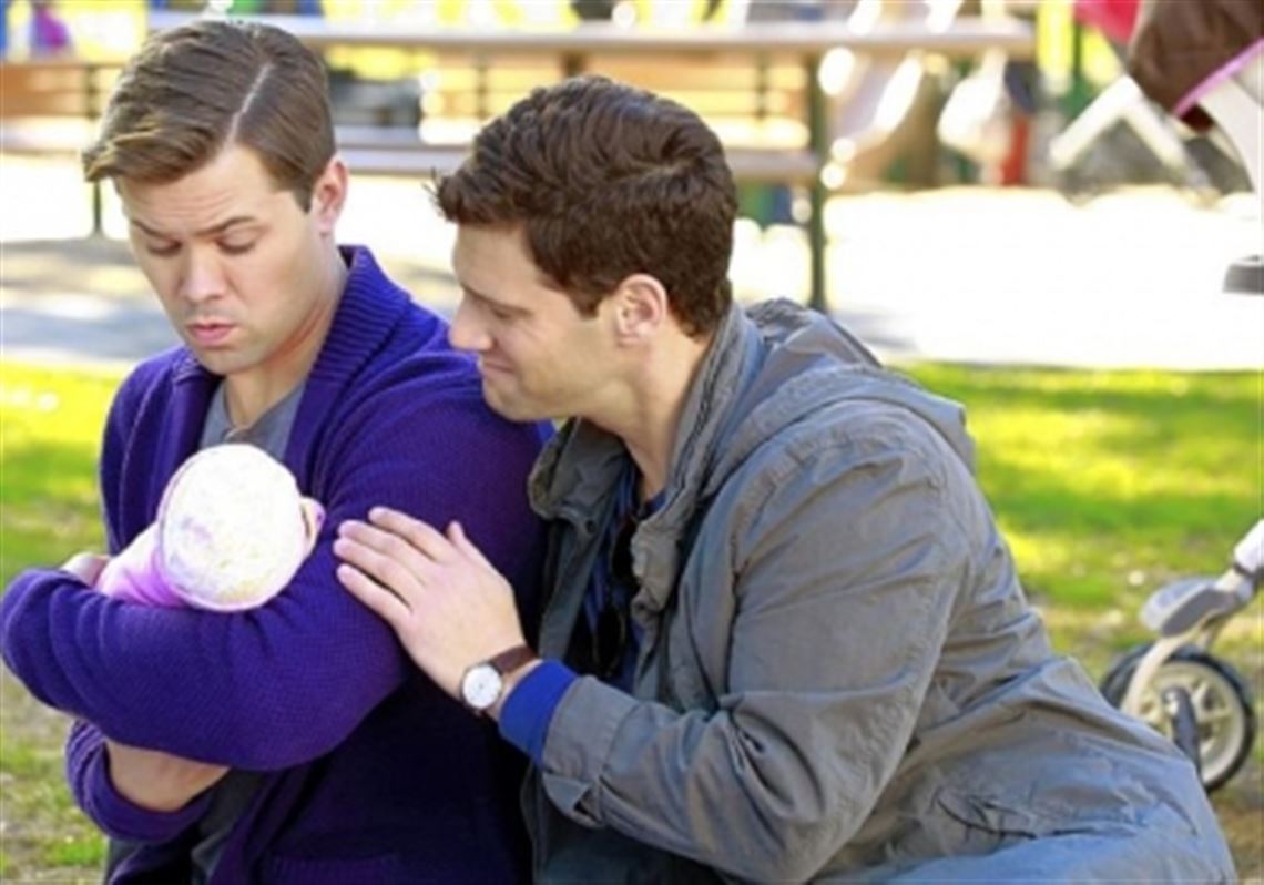 Andrew Rannells as Bryan and Justin Bartha as David star in the "The New Normal," whose season finale tonight brings the birth of their son.