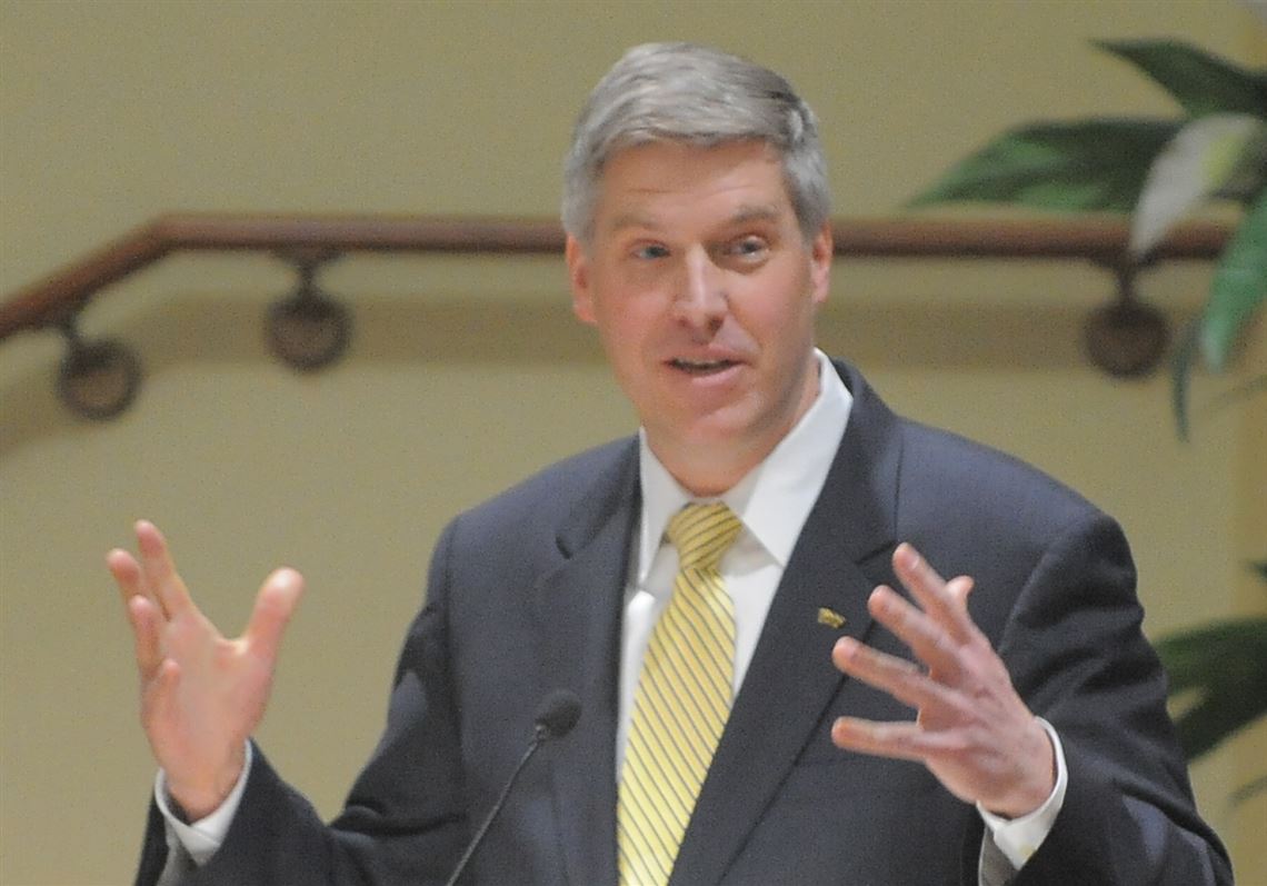 Patrick D. Gallagher speaks at a University of Pittsburgh Board of Trustees meeting in the Pitt Student Union after he was elected as the new chancellor of the university.