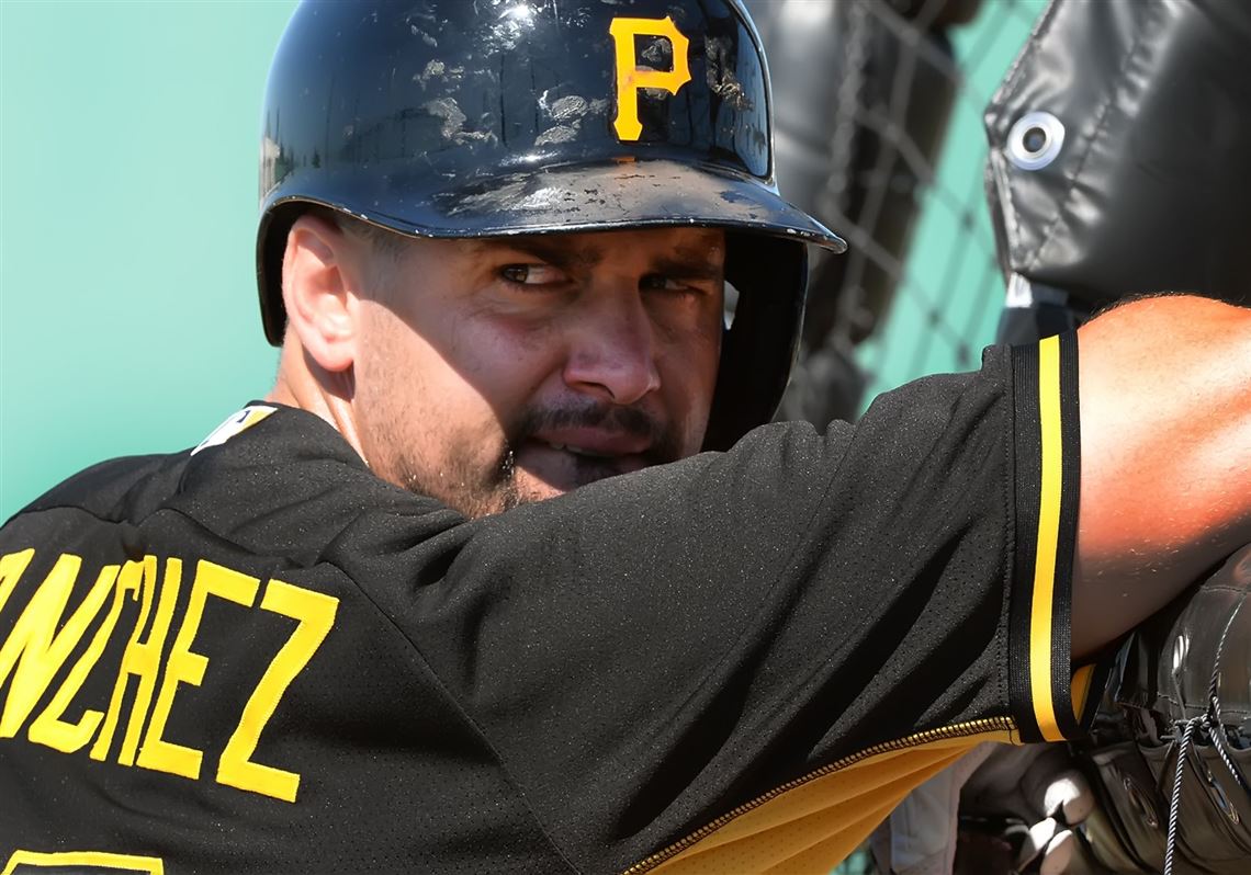 Pirates first baseman Gaby Sanchez watches batting practice at sprint training in Bradenton, Fla.