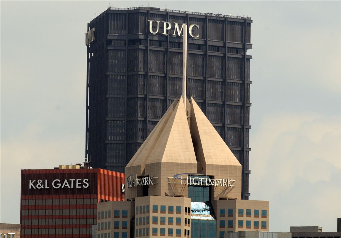 The Fifth Avenue Place headquarters of Highmark in view with the U.S. Steel Tower offices of UPMC, in Downtown Pittsburgh.  