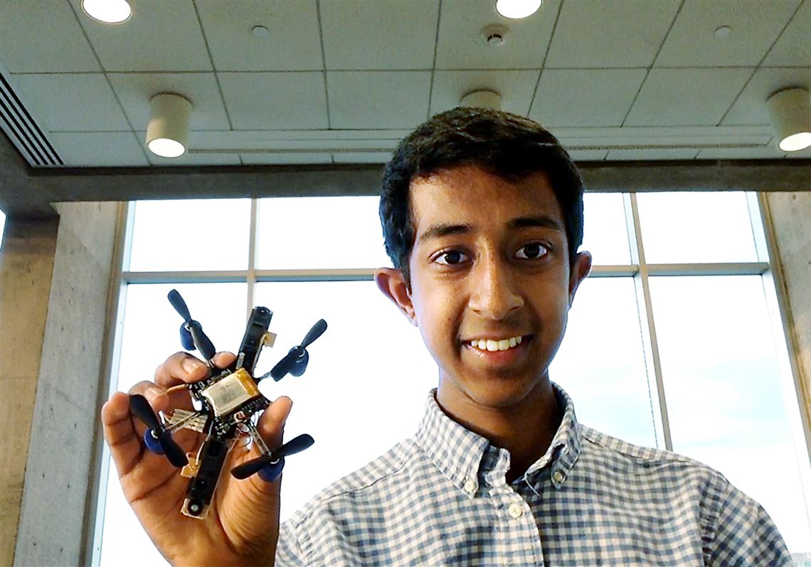 Mihir Garimella with the flying robot on which his project was based. He was one of the 90 Google Science Fair regional finalists and 15 Computer Science Award nominees in the world. 