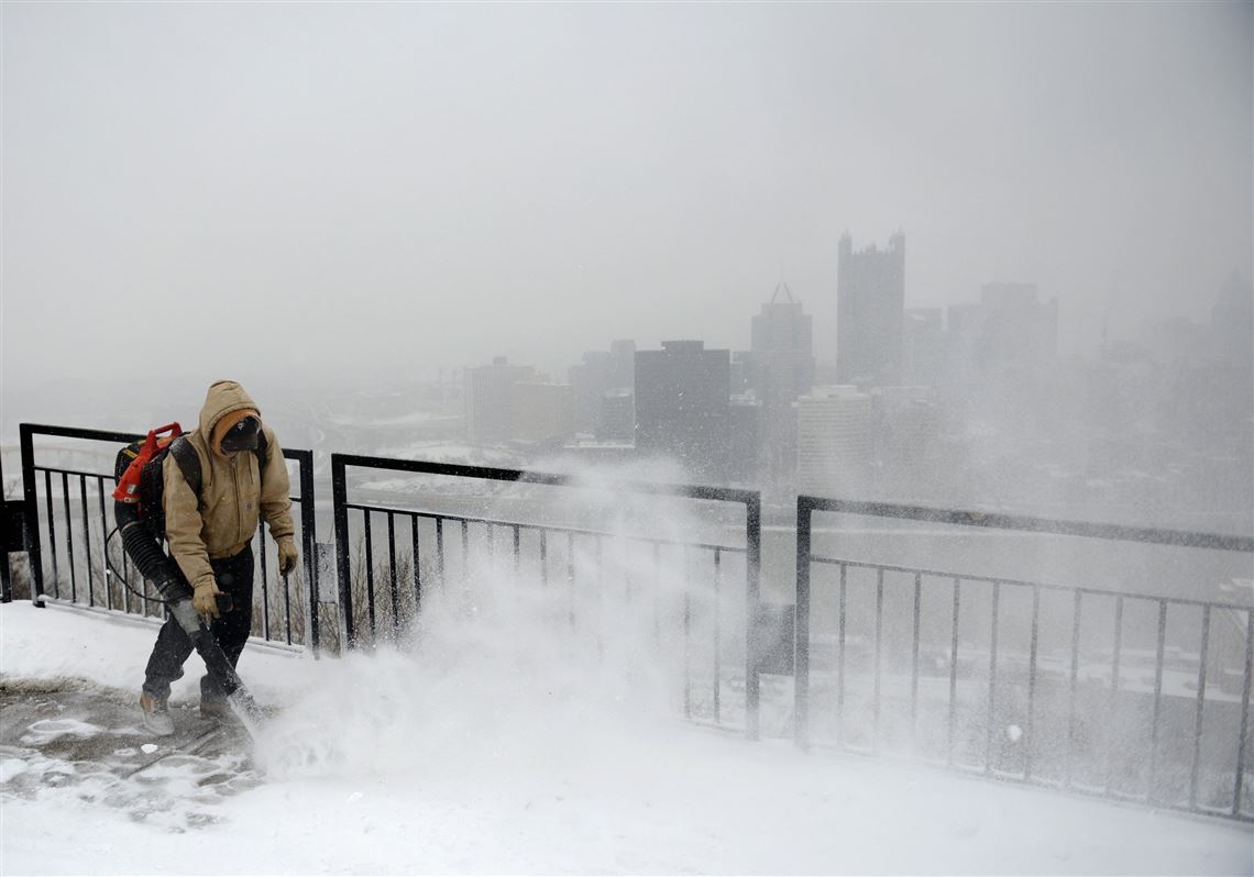 A winter storm seen atop Mount Washington in Pittsburgh in February.