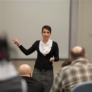 Financial aid information sessions can help, such as this one for parents and students led by Carlow University assistant admissions director Melanie Gaebel.