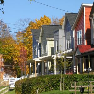 A street in East Liberty with houses developed by ELDI, with prototypes by Pfaffmann + Associates.   