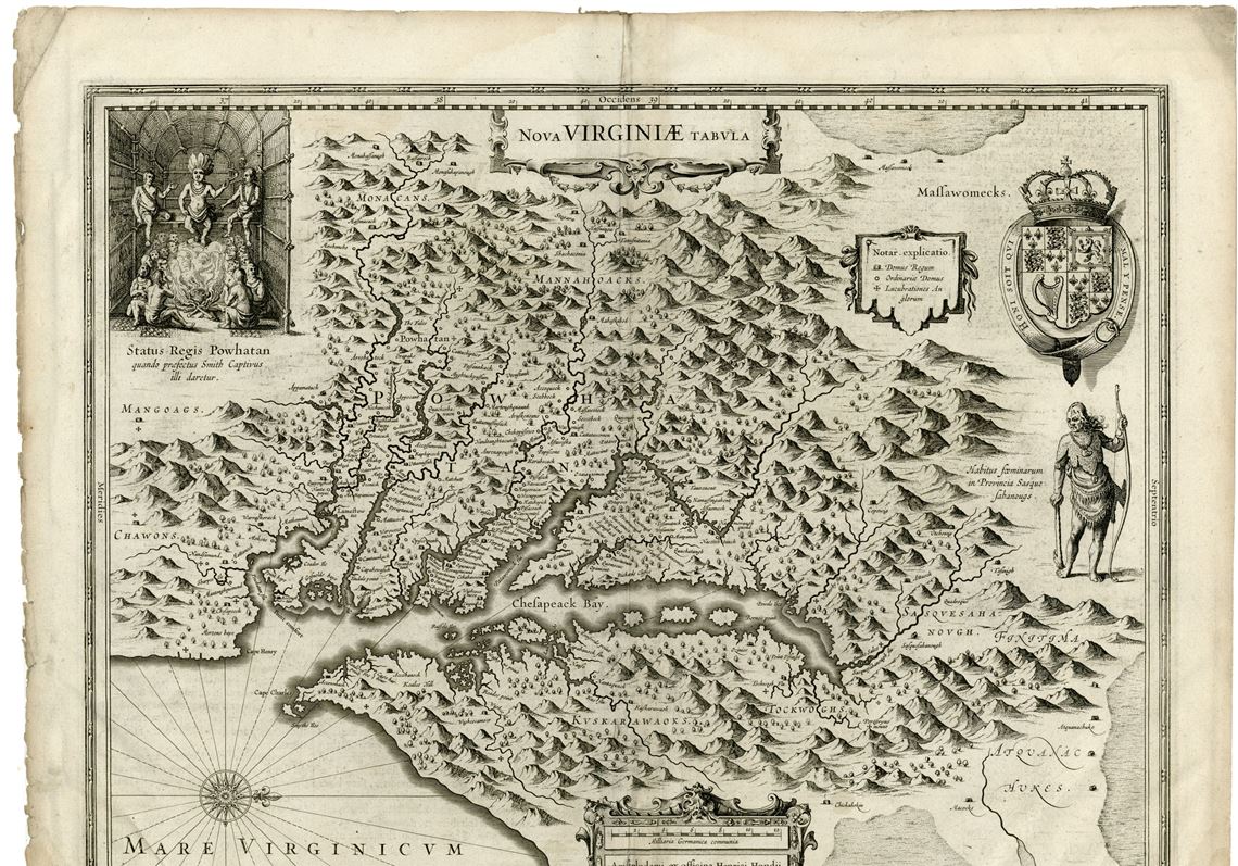 Hendrik Hondius based his engraved map of Virginia on the Map of Virginia published by the English explorer John Smith in 1612. 