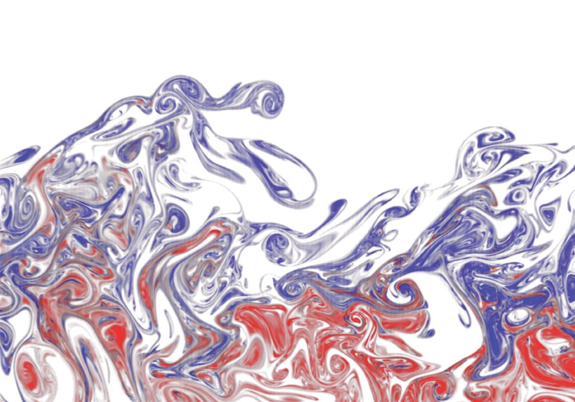 A laser-based experimental visualization of two interacting odor plumes (falsely colored in red and blue), transported from left to right in a turbulent flow. The spatial and temporal patterns in the plumes likely embed information about the distance and direction to the source of the odorant. One of the smell projects will research how animals behave in olfactory environments, and the mechanics of odor distribution.  Credit: