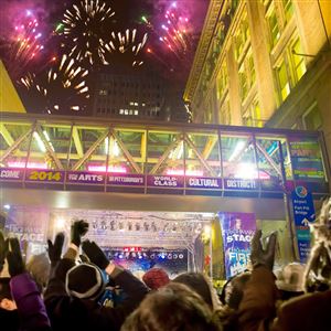 The fireworks show at midnight during the 2014 First Night at Penn Avenue and Stanwix Street.