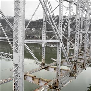The concrete decking of the old Hulton Bridge has been removed in preparation for the implosion of the bridge.