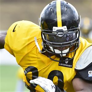  Pittsburgh Steelers linebacker James Harrison heads to the quarterback during afternoon practice at St Vincent College Latrobe Pa.  