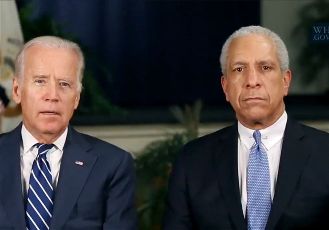 Screenshot from video of weekly radio address delivered Saturday with Vice President Joe Biden and retired federal Judge Timothy K. Lewis, who served on the Western District of Pennsylvania bench from 1991 to 1992 and on the Court of Appeals for the Third Circuit from 1992 to 1999.