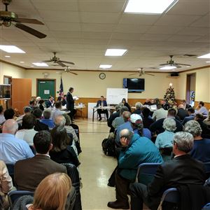 Residents listen to more than two hours of testimony Tuesday from Shell's external relations manager, Chris Heitman, during Potter Township's hearing on the company's permit for the cracker plant.