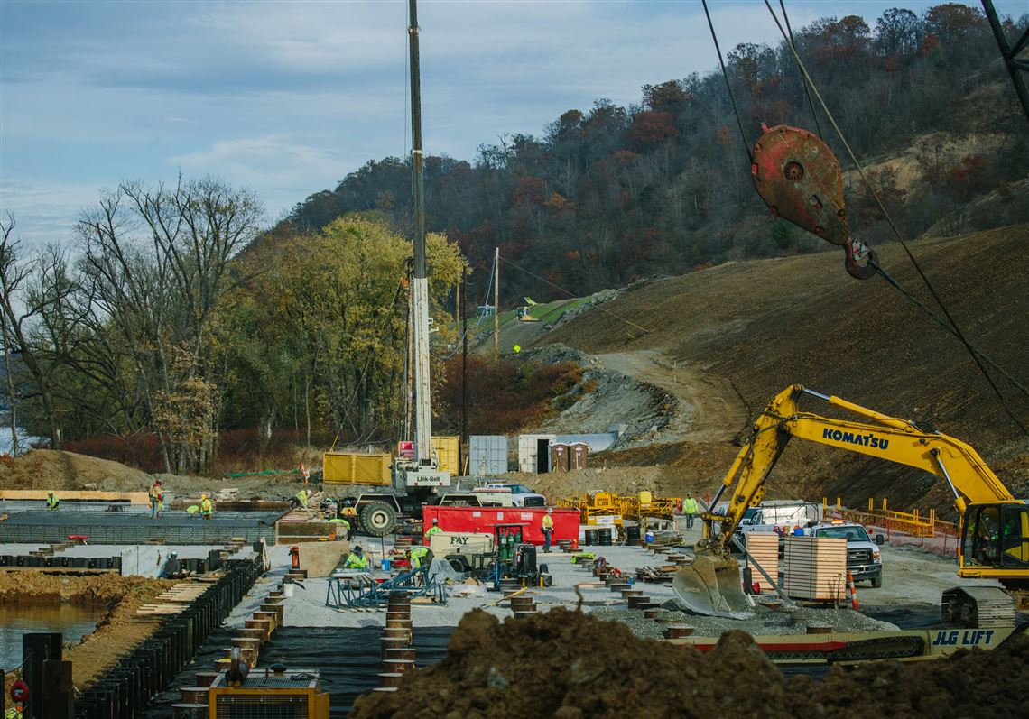A construction crew works at the site of the multibillion-dollar petrochemical complex that Shell is building in Potter and Center townships in Beaver County last month. The site covers about 400 acres.