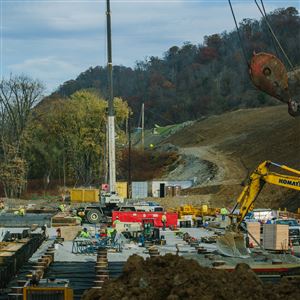 A construction crew works at the site of the multibillion-dollar petrochemical complex that Shell is building in Potter and Center townships in Beaver County last month. The site covers about 400 acres.