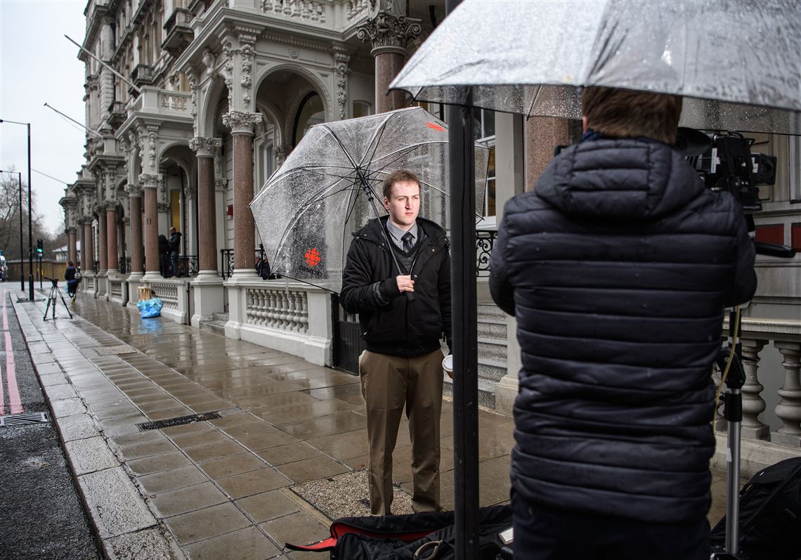 Journalists from a U.S. network broadcast from outside the headquarters of Orbis Business Intelligence, the company run by former intelligence officer Christopher Steele, on Thursday in London.