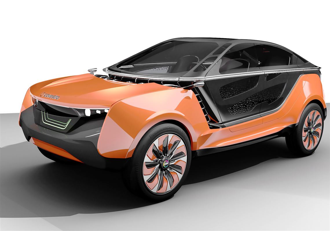 A rendering of Covestro's vision for the autonomous vehicle. The concept car design, which was shown off at a plastics trade fair in Germany last year, features a display at the front end instead of a radiator grille.