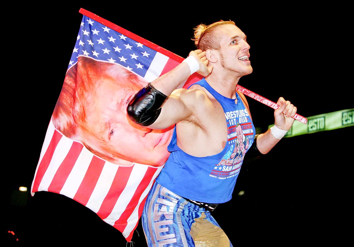 Pro wrestler Sam Polinsky grew up in Monroeville and now wrestles in Mexico's Consejo Mundial de Lucha Libre. His character, known as Sam Adonis, carries a flag with Donald Trump's face on it. 