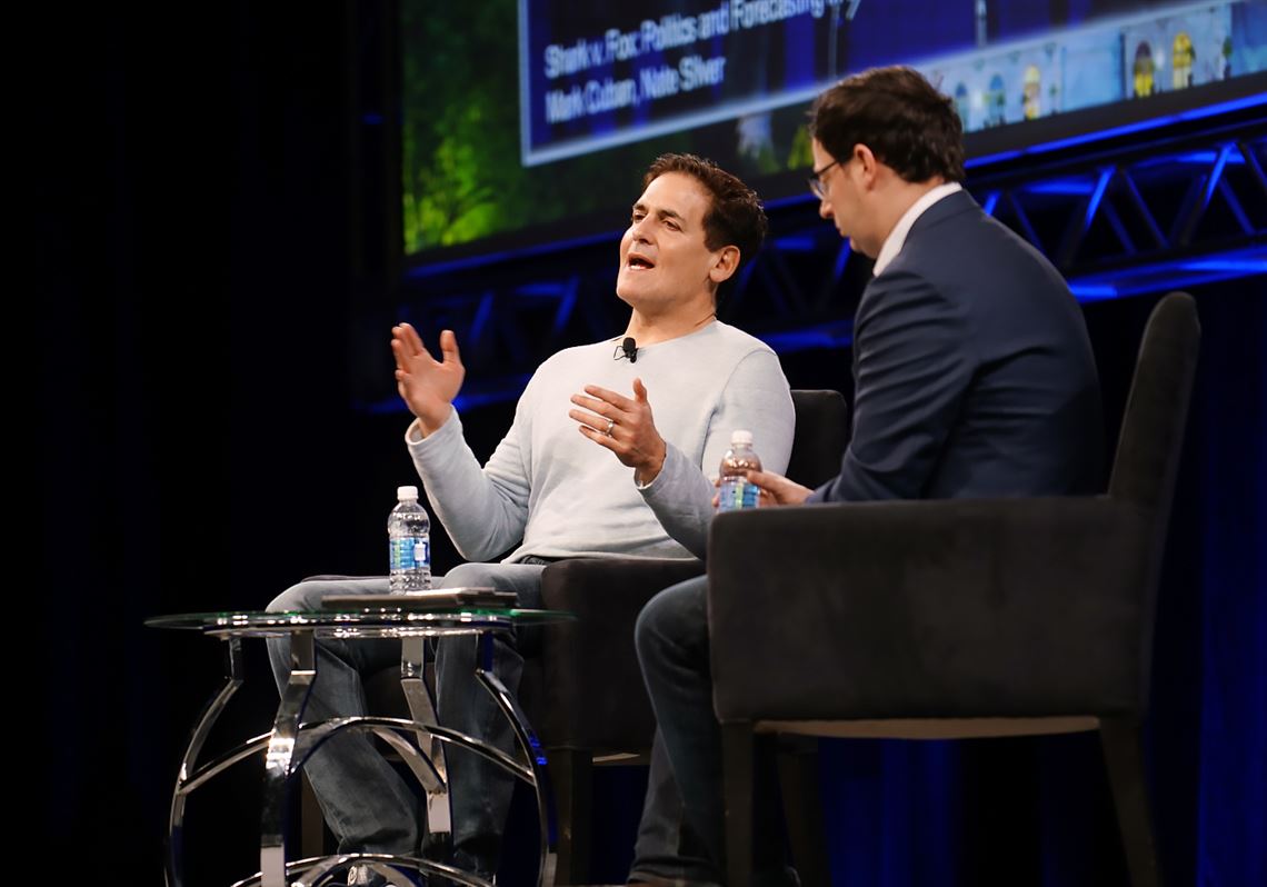 Pittsburgh native Mark Cuban, left, the owner of the Dallas Mavericks, spoke with Nate Silver, founder of the website FiveThirtyEight, on Saturday at the Sloan Sports Analytics Conference in Boston. 
