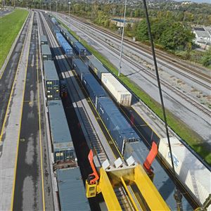 The view from a container crane looking down onto the loading and unloading area of the new CSX intermodal terminal in McKees Rocks. 