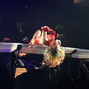 Lady Gaga on the edge at PPG Paints Arena Monday night.