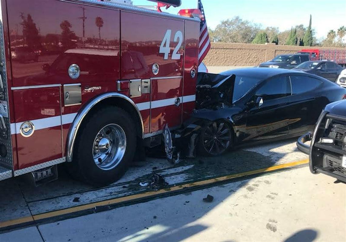 A Tesla rear-ended a fire truck parked to respond to an accident on I-405 in Culver City, Calif. on Jan. 22, 2018, according to the Culver City Fire Department and California Highway Patrol.