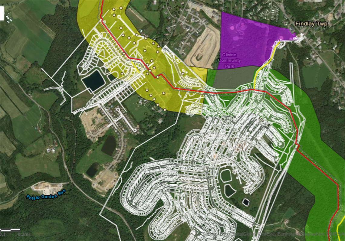 A map of the Shell Falcon Pipeline (red) and its proposed route through the growing Maronda Farms development in Clinton.