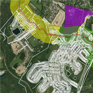 A map of the Shell Falcon Pipeline (red) and its proposed route through the growing Maronda Farms development in Clinton.