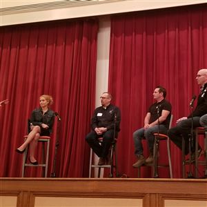 From left to right: David Kalson, emerging business group chair for Cohen & Grigsby; Jackie Erickson, founding member of Pittsburgh Robotics Network; Jorgen Pedersen, CEO of RE2 Robotics; Paul Scerri, president of Platypus; Jim Rock, CEO of Seegrid; and Brendan Carroll, CEO of Skycision.