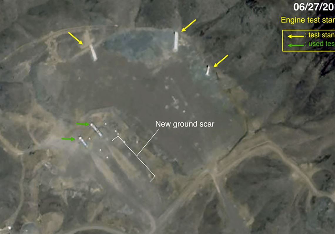 Ground markings apparently left by rocket-engine tests at Iranian facility 25 miles from Shahrud, Iran. The nonpartisan Middlebury Institute of International Studies says it has concluded that Iran is operating a secret, second missile research facility in the remote Iranian desert. 