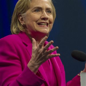 Former Secretary of State Hillary Clinton addresses the American Federation of Teachers convention Friday in Downtown Pittsburgh.