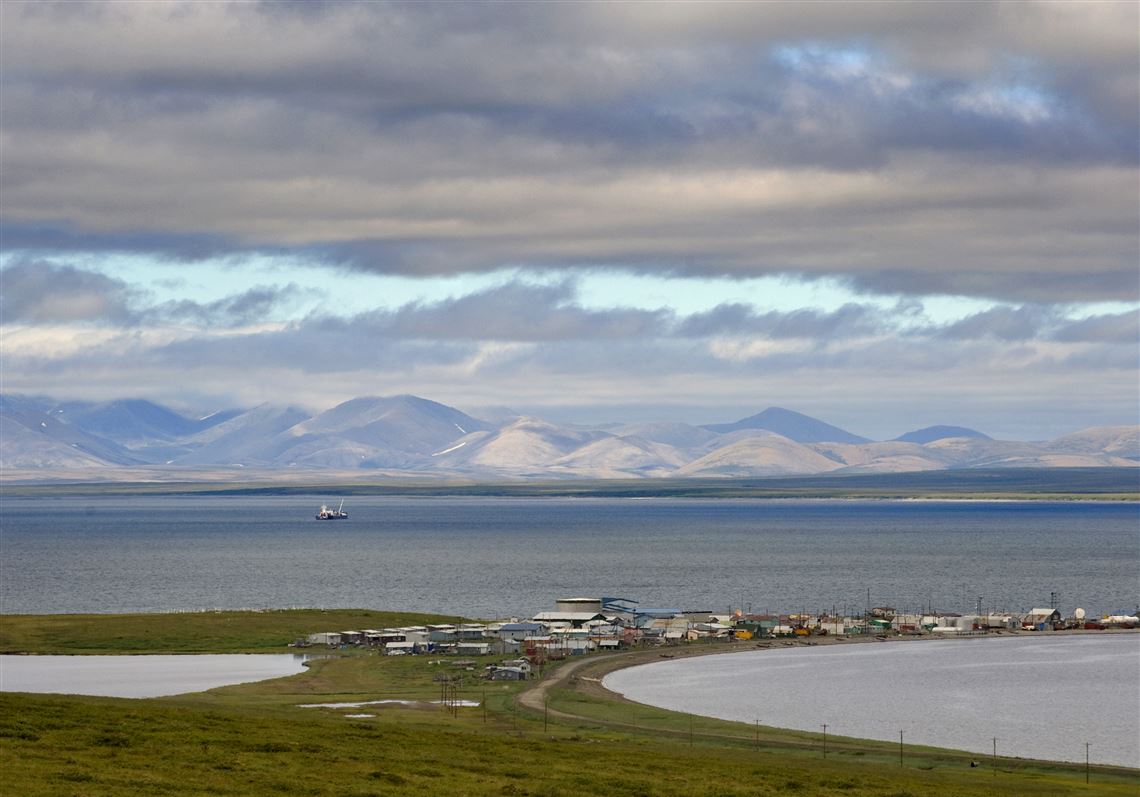 A view of the town of Teller, Alaska, at a point on the Bering Straits at Grantley Harbor, in 2010.