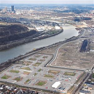 An aerial view of Hazelwood Green along the Monongahela River in April.