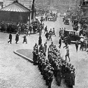 A company of the Massachusetts state militia awaits assignment to police duty during the 1919 Boston police strike.