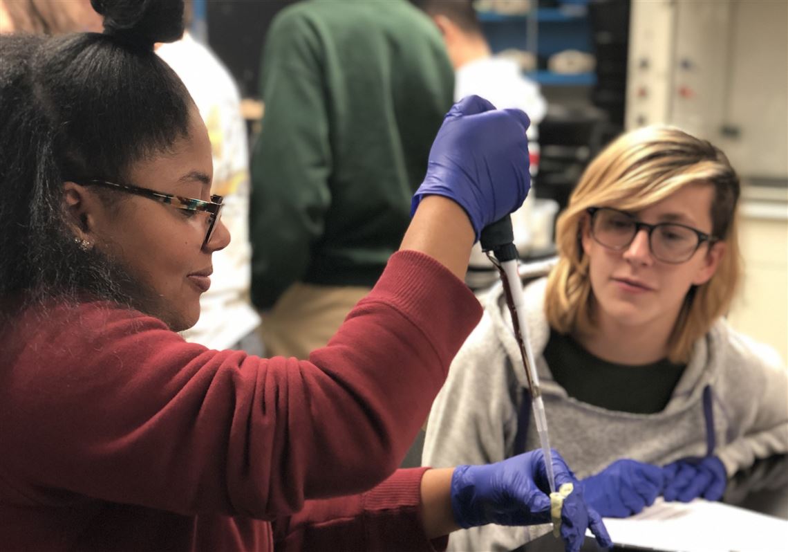 High school students Tyonna Bristo and Ava Kiraly isolate DNA from bacteria found within a flower growing on the University of Pittsburgh campus during summer classes during the precollege STEM research program, Gene Team.