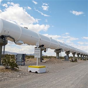 The 500-meter test tube for the Virgin Hyperloop One pod stretches out along a wide gravel road on the north end of Virgin Hyperloop One testing facility in Apex, Nev., located in the Mojave Desert.