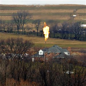 Methane gas is burned off, or flared, from a well near Hickory, Pa. The Pennsylvania Department of Environmental Protection joined major oil and gas companies, environmental groups and lawmakers from both parties last week in urging the Trump administration not to go through with its proposal to eliminate methane control requirements from well sites and pipelines across the country. 