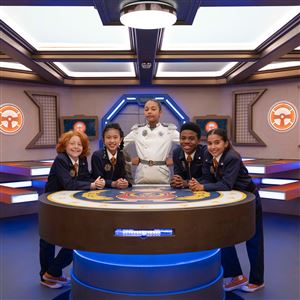 From left to right, Season 3 Odd Squad Agents Oswald, played by Gavin MacIver-Wright, Orla, played by Alyssa Hidalgo, The Big O, played by Millie Davis, and Omar, played by Jayce Alexander, and Opal played by Valentina Herrera. 