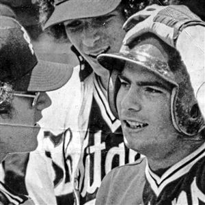 Shaler's Doug Maggio, right, is greeted by teammate Tim Kotkiewicz after hitting a home run in a PIAA first-round playoff game in Shippensburg in 1980. Behind Maggio is pitcher Wayne Schuckert.