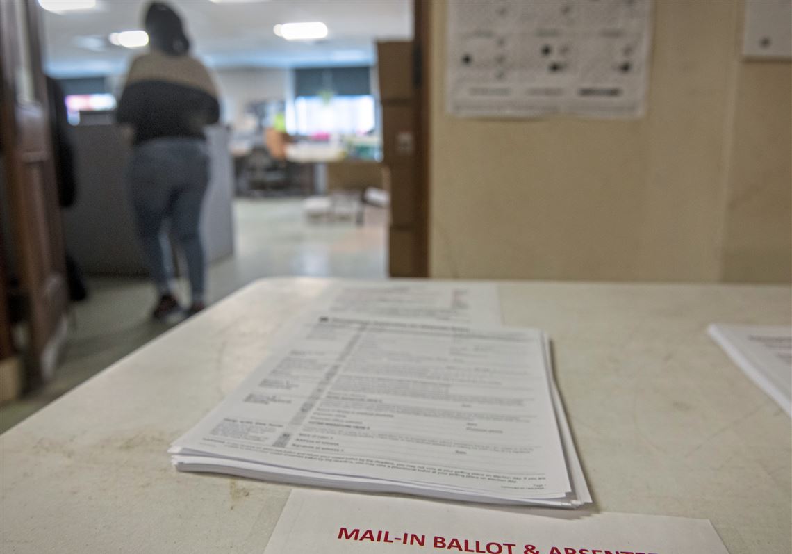 Mail-in and absentee ballots are available on the mostly empty sixth floor of the County Office Building, Downtown, on Thursday, April 23, 2020 (Steve Mellon/Post-Gazette)  #pgcovid19