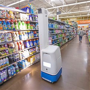 A robot made by Bossa Nova Robotics scans inventory at the Natrona Heights Walmart location on Wednesday, May 15, 2019.   