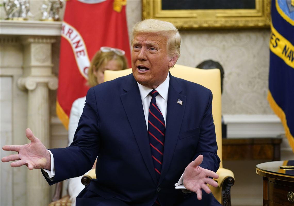 President Donald Trump speaks as he meets with Iraqi Prime Minister Mustafa al-Kadhimi in the Oval Office of the White House, Thursday, Aug. 20, 2020, in Washington. (AP Photo/Patrick Semansky)