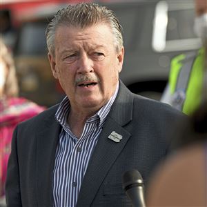 In this file photo, state Sen. Jim Brewster talks with the media during a press conference on Industry Boulevard in McKeesport on Monday, Sep. 14, 2020.